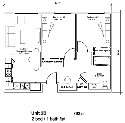 2-Bedroom Floorplan of Las Dahlias Apartments